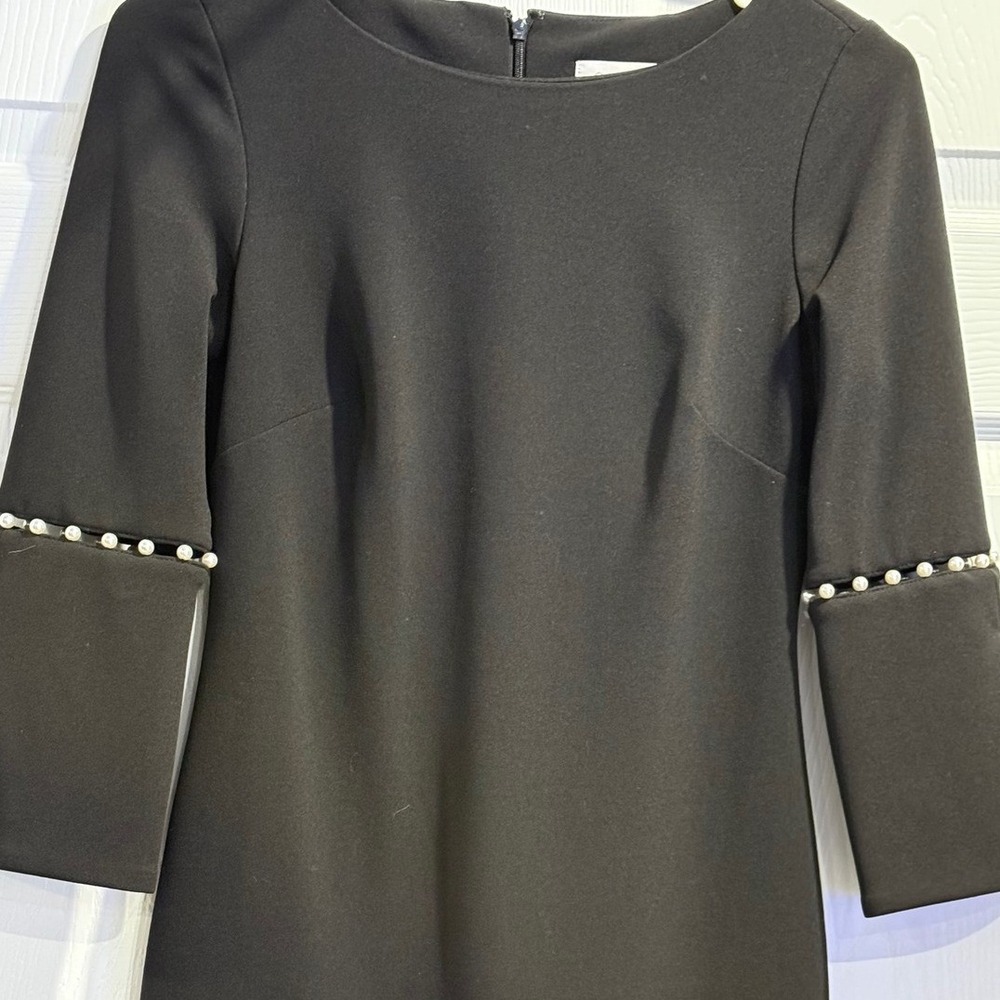 Calvin Klein Black Sheath Dress Pearl Detail Bell Sleeve Size 2